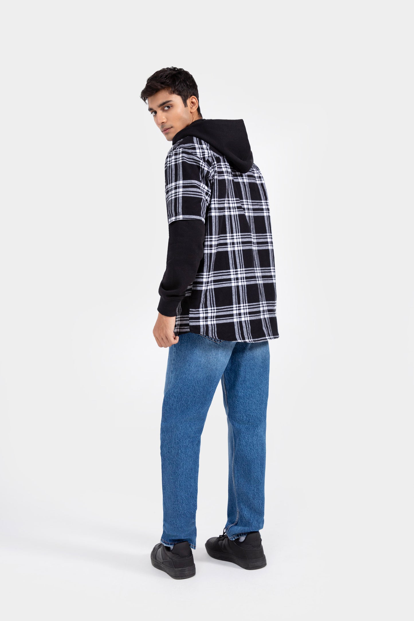 Hooded Check Shacket With Knit Sleeves