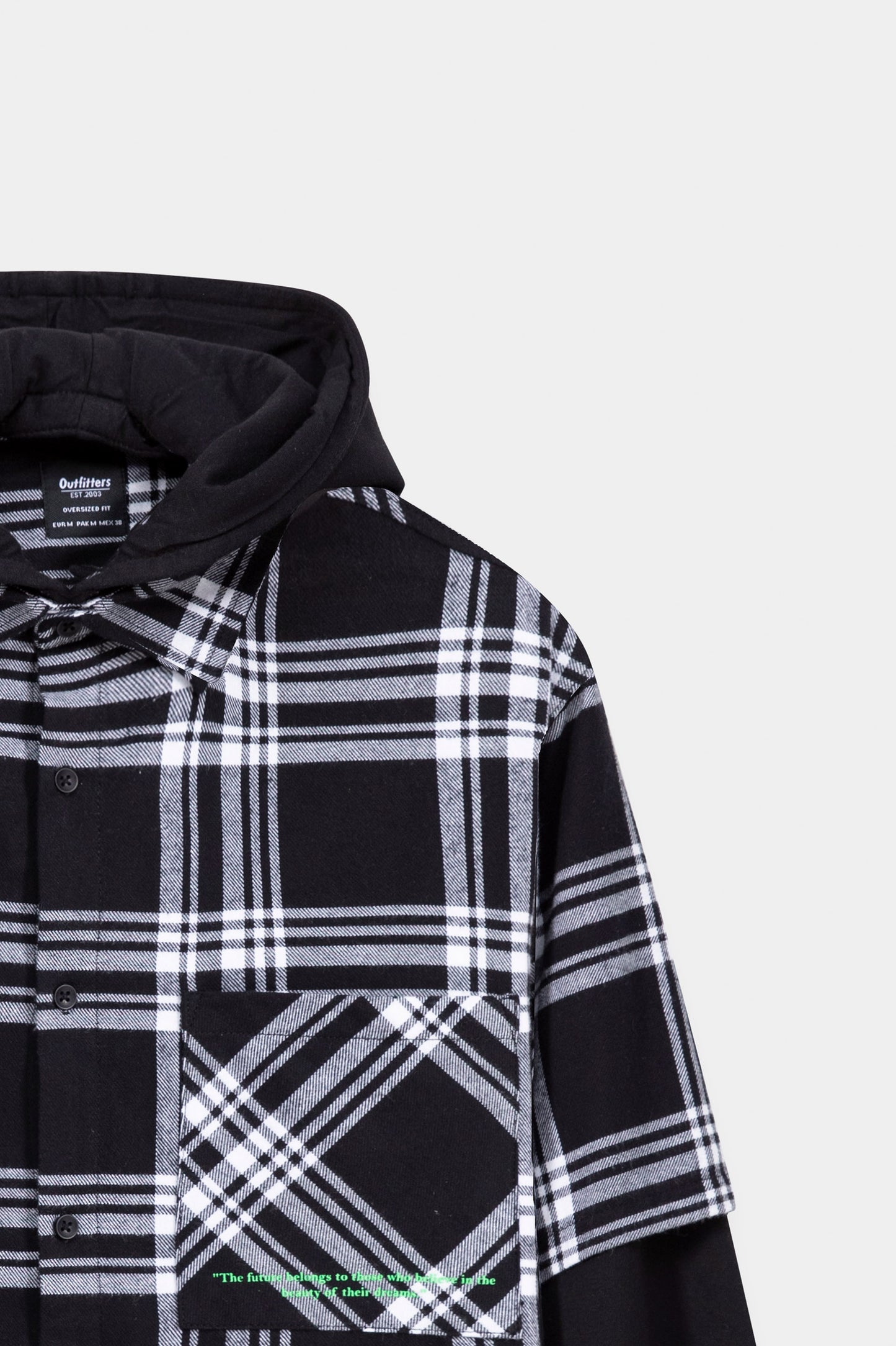 Hooded Check Shacket With Knit Sleeves