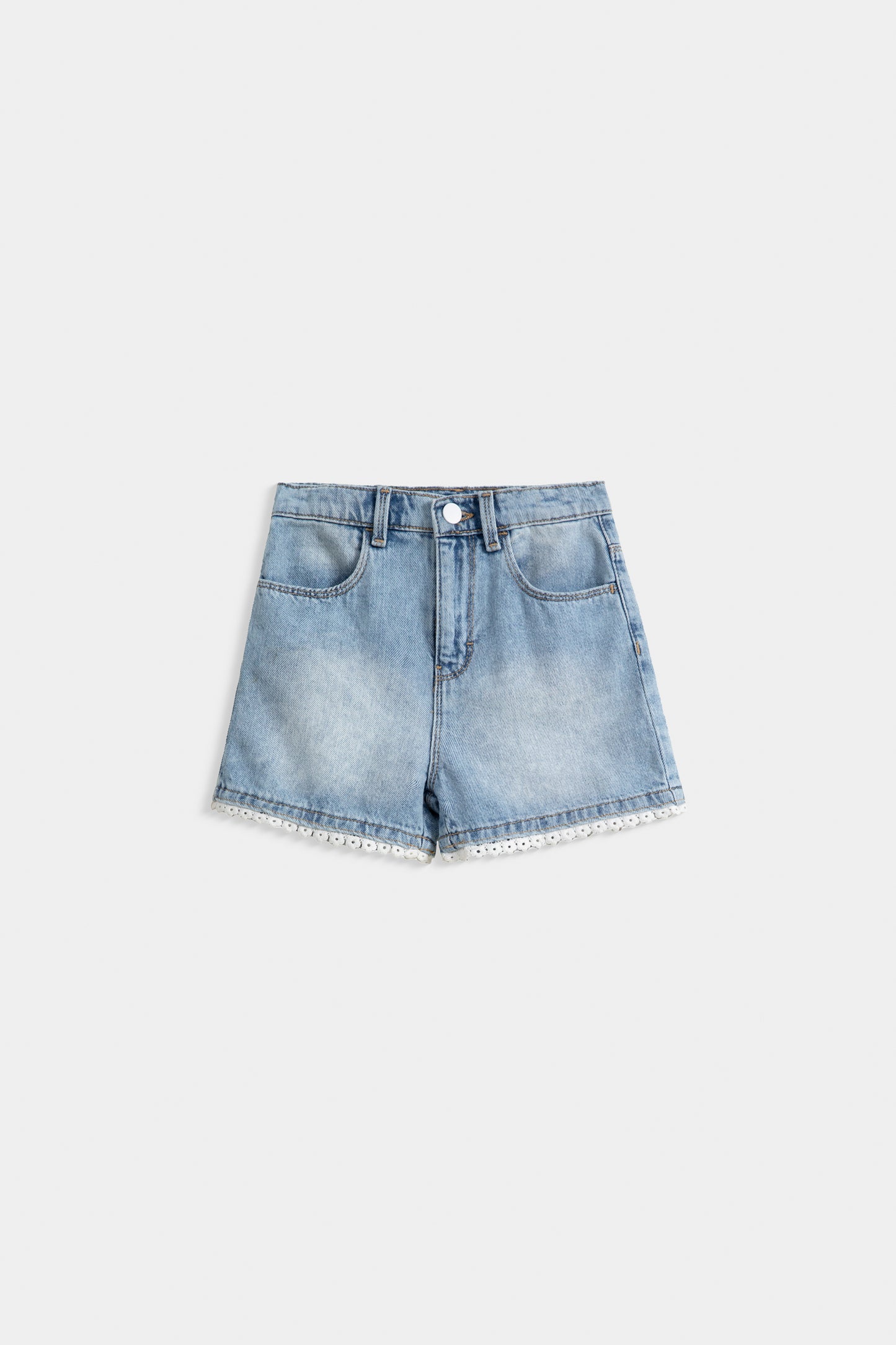 Denim Shorts With Lace Detail On Hem.