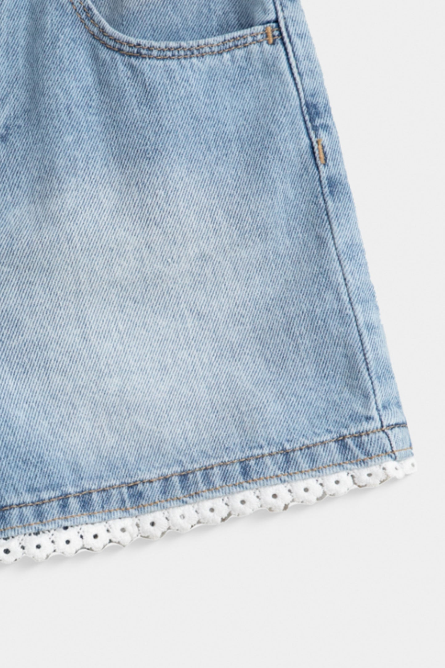 Denim Shorts With Lace Detail On Hem.