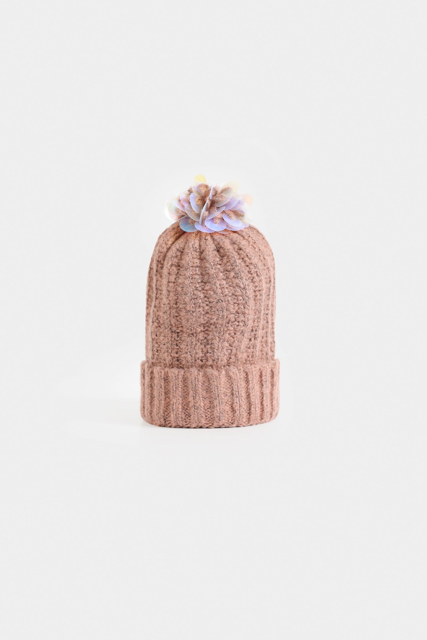 Ribbed Beanie with Embellished Pompom