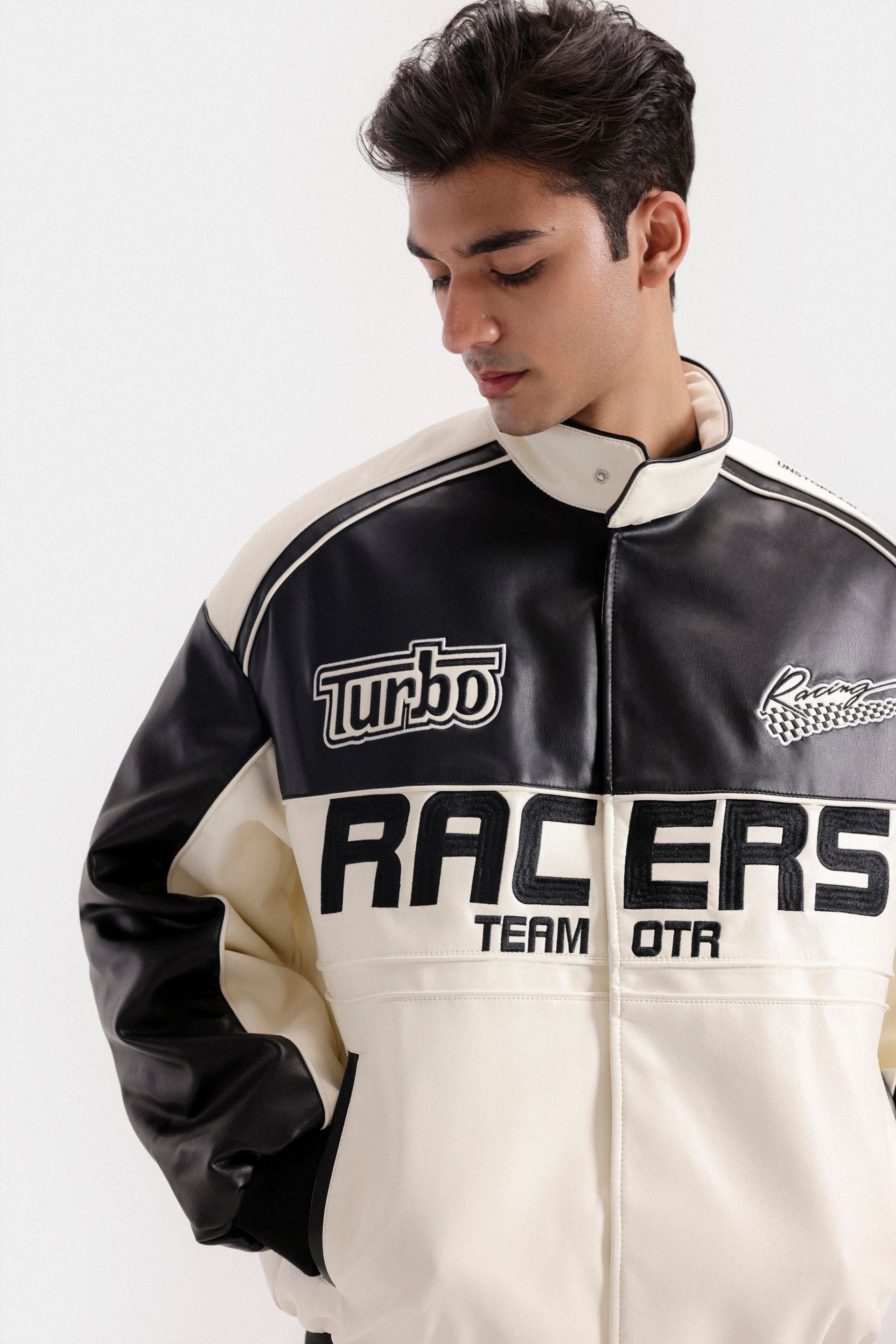 Men's Racing Varsity Jacket - Loose Fit Faux Leather Bomber Coat For Women & Men (Unisex Style)
