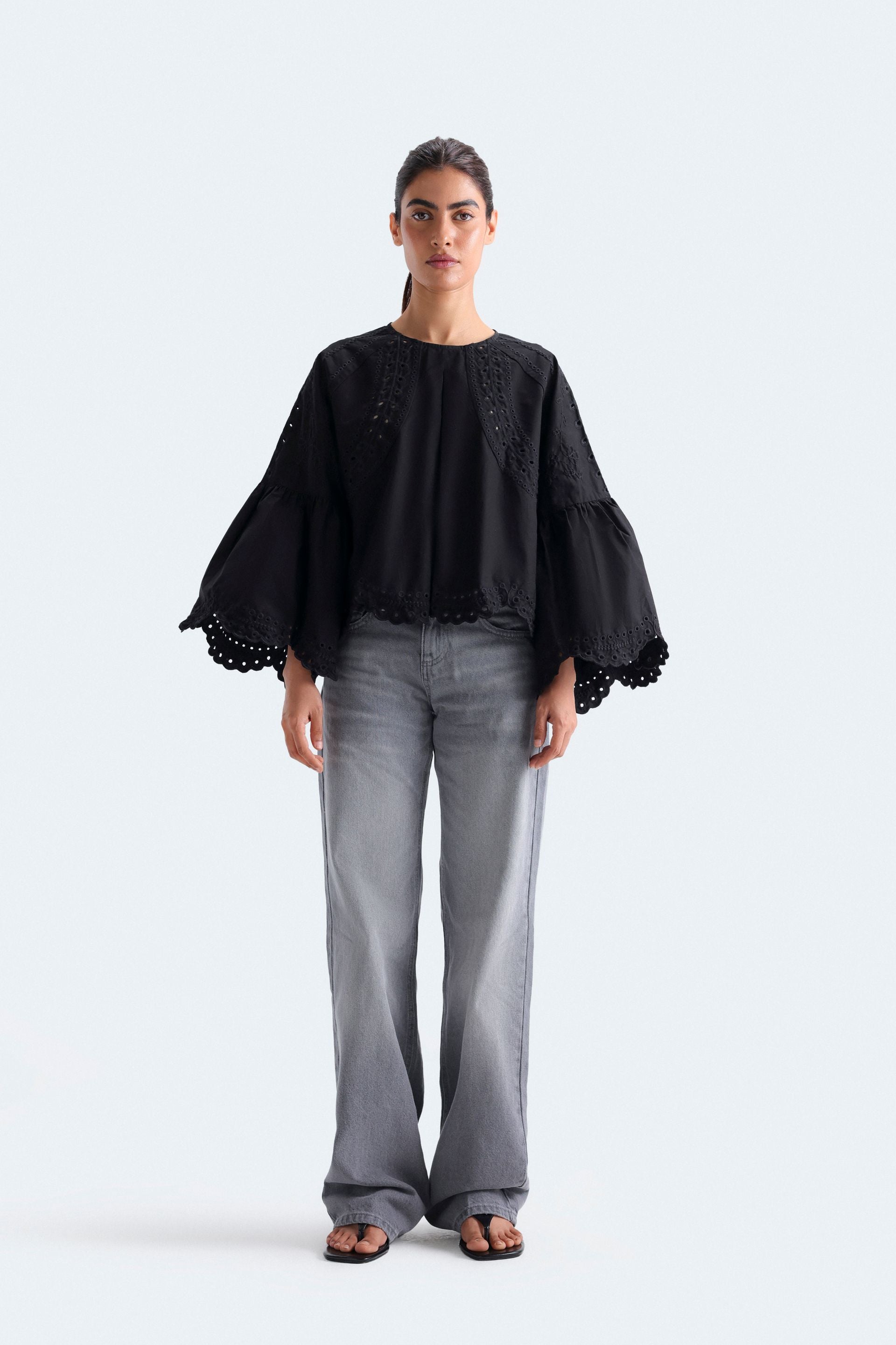 Cropped Embroidered Schiffli Blouse