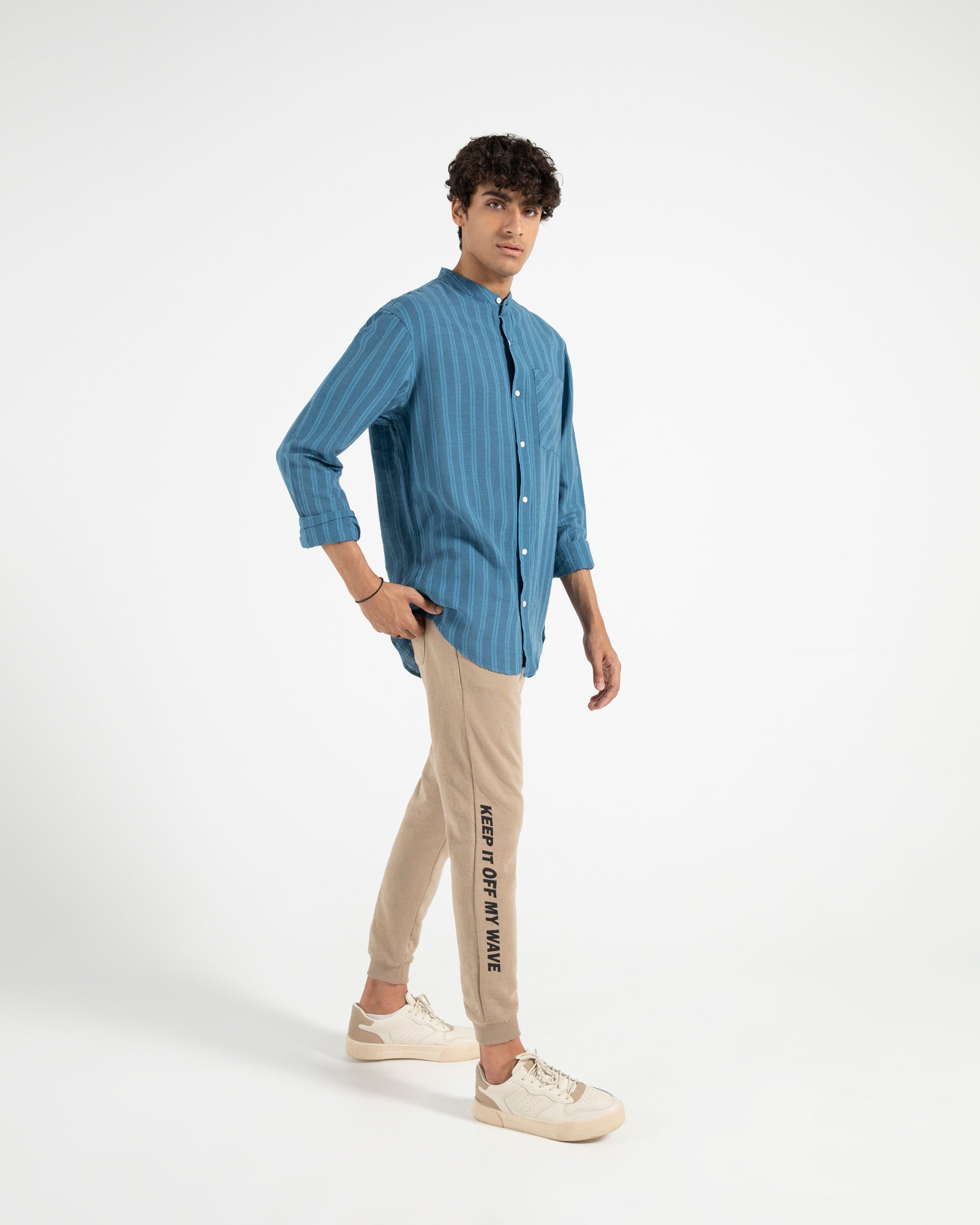 Regular Fit Linen Blend Striped Band Collar Shirt – Outfitters
